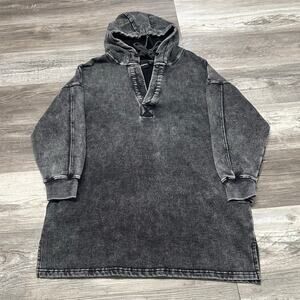 Mono B Black Womens S Mineral Wash V-Neck‎ Brushed Fleece Pullover Long Hoodie